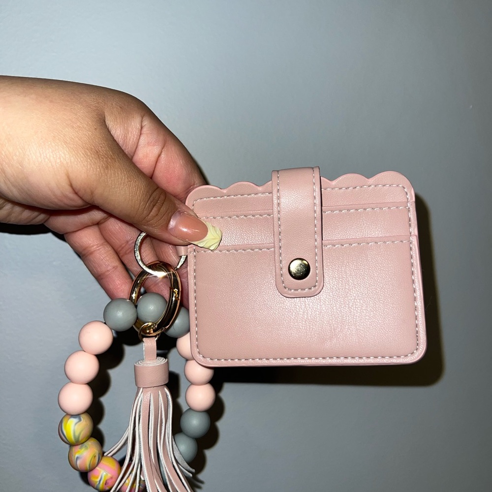 Pink Card Holder with Beaded Keychain